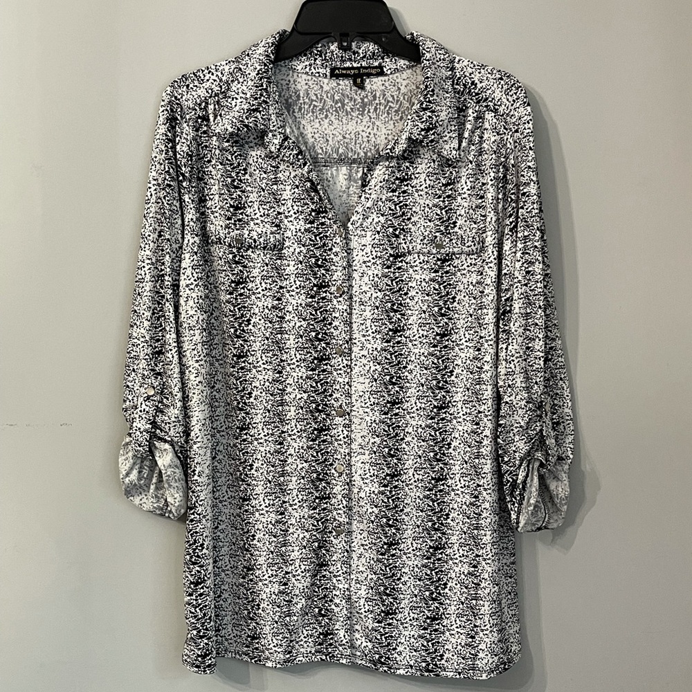 Always Indigo polyester & spandex black & white speckled button down shirt; 1X
